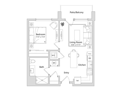 Floor plan for 1 bed, 1 bath, 624 sqft